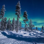 snowy landscape with northern lights