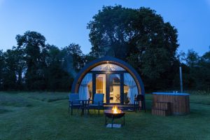 The dragonfly glamping pod during sunset