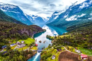 Idyllic Norwegian town around a fjord