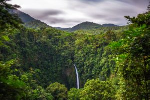 Stunning waterfall in cloud forest Costa Rica