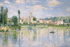 Vetheuil in Summer, by Claude Monet, 1880, French impressionist painting, oil on canvas. This painting creates the illusion of flickering reflections of sunlight on the water