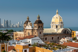 Cartagena in Colombia with old churches rising above the other buildings