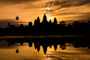 View of Angkor Wat in Cambodia at sunrise from King's bath 