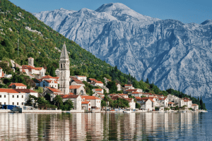 Waterside view of old town in montenegro