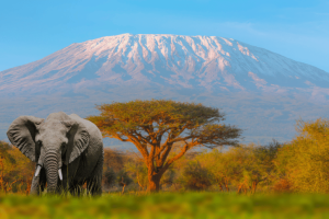 African elephant with a snow-tipped volcano sitting in the background