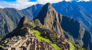 Machu Picchu in Peru aerial view over the mountains