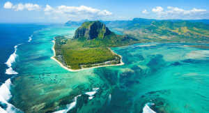 Aerial view of islands in Mauritius on an adults immersive adventure