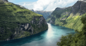 Long lake winding through a fjord on an arctic holiday in Norway