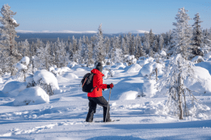 Man snowshoeing through snow in Kainuu, Finland